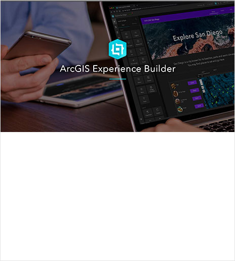 Laptop showing satellite imagery and man holding cell phone with the ArcGIS Experience Builder logo in the middle