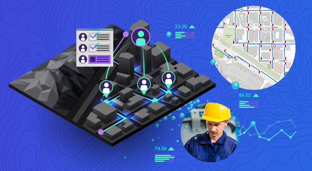 Ein Außendienstmitarbeiter mit Helm, eine 3D-Karte für die Koordination von Außendienstmitarbeitern in einer Stadt sowie eine 2D-Karte mit Asset-Positionen