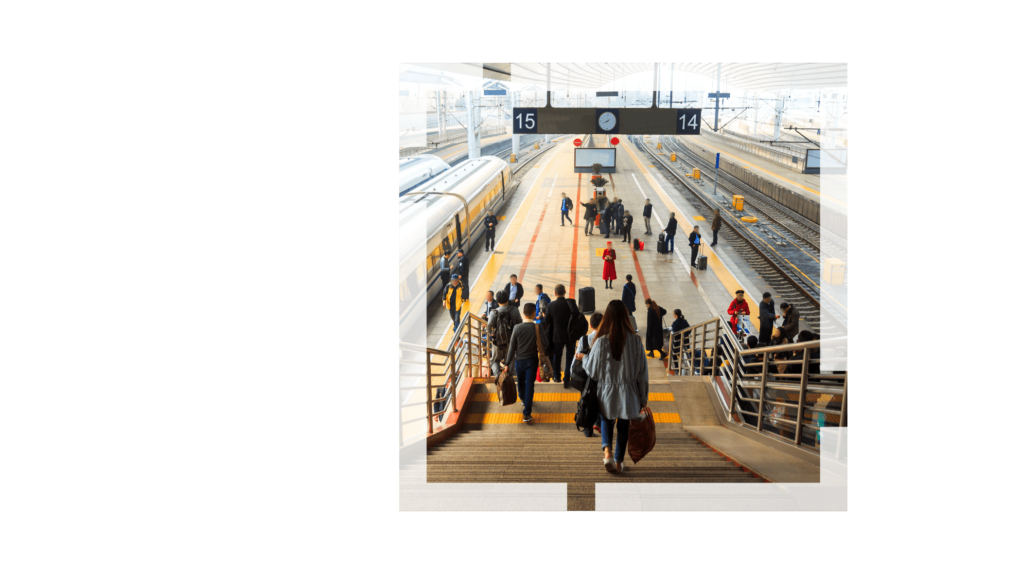 A map displaying different transit routes overlaid with an image of people walking down stairs leading to a busy train platform