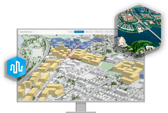 Display monitor showing ArcGIS Urban, urban planning software, 3D overview of a city