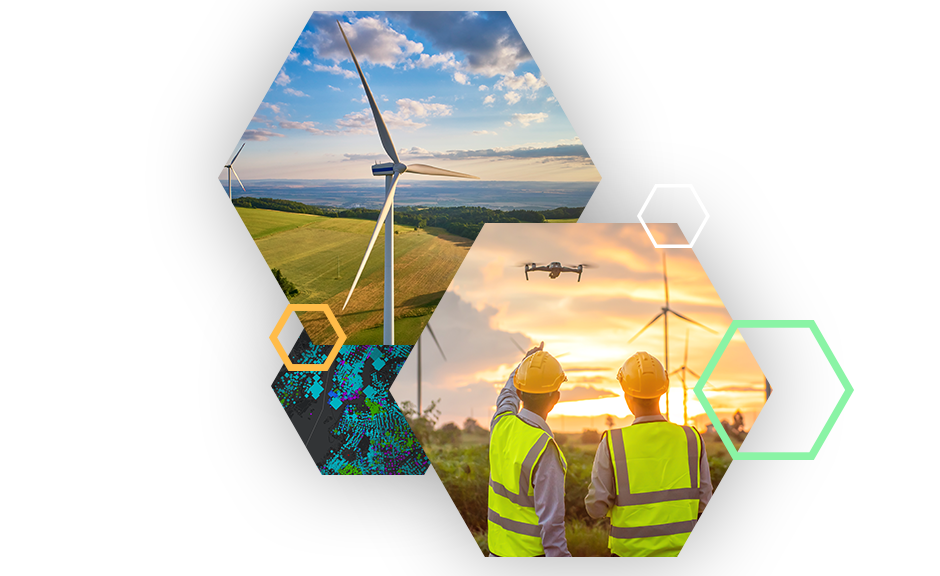 Three hexagons of various sizes displaying images of wind turbines in a field, mobile workers using a drone over a wind farm, and a dark map highlighted in blue