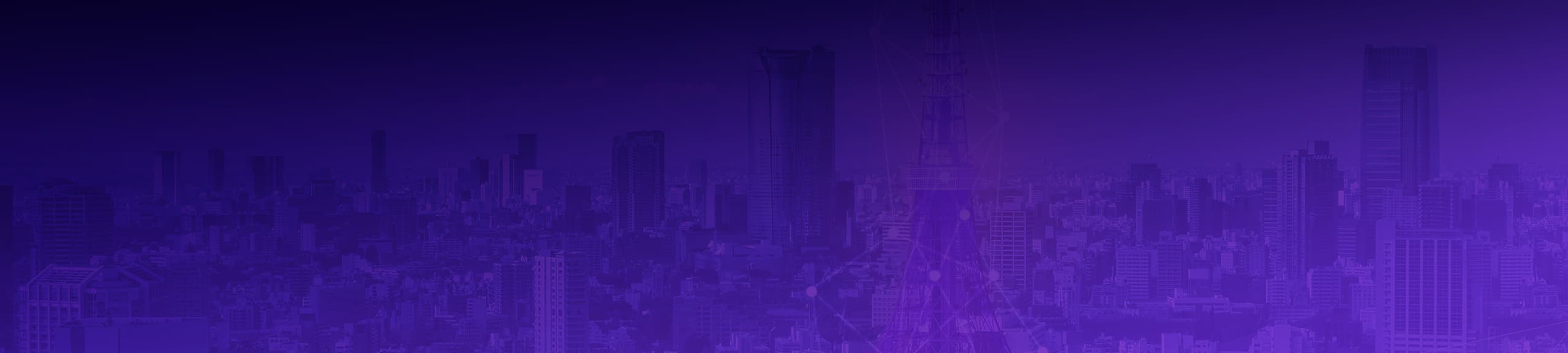 A vibrant cityscape featuring tall buildings and skyscrapers silhouetted against a gradient purple background.
