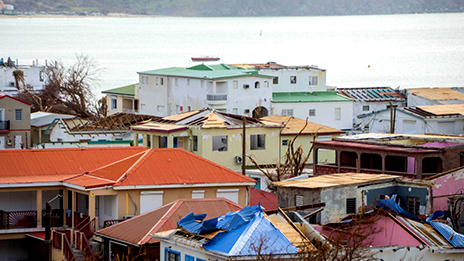 An aerial image of a seaside neighborhood with many colorful roofs and bare trees beside a stormy gray ocean
