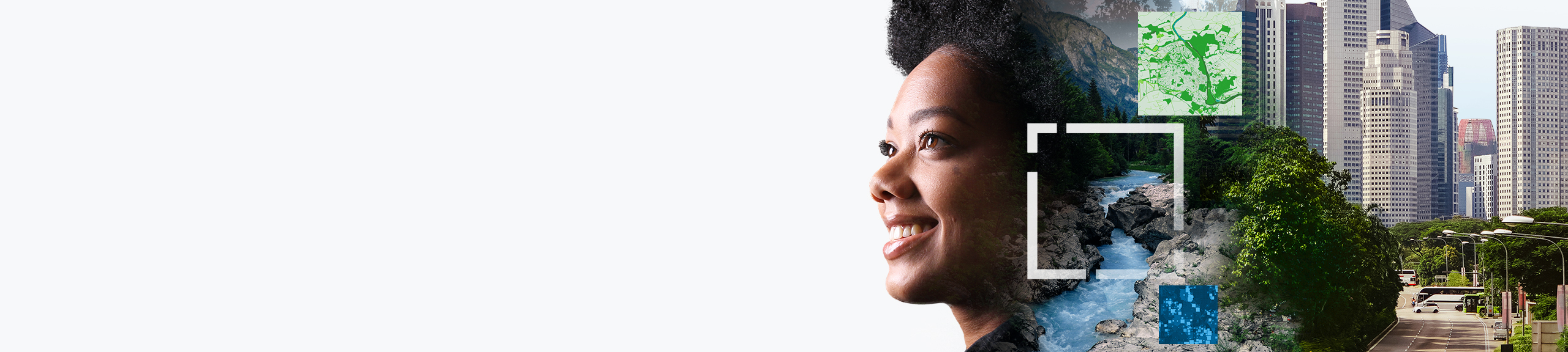 A smiling person connected to a river running through a mountainous landscape and an urban city with tall building