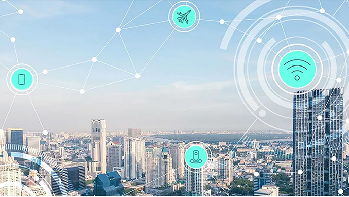 A city skyline on a sunny day overlaid with icons representing different types of technology including WiFi