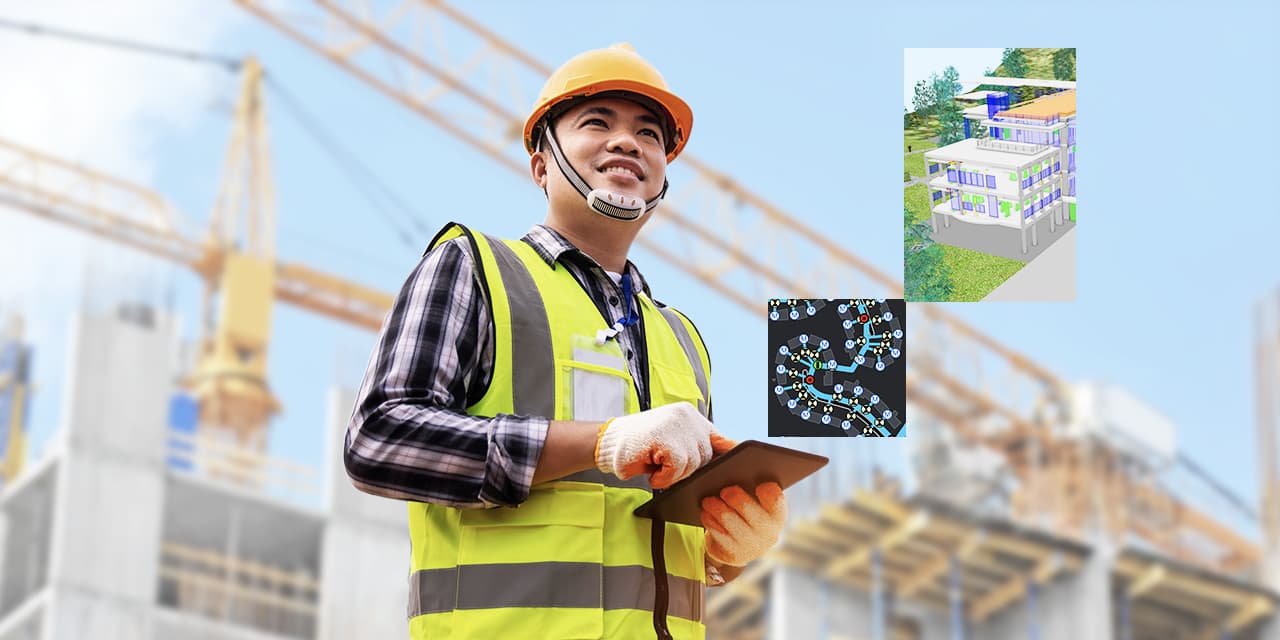A person in a safety vest and hard hat using a tablet on a construction site overlaid with an asset map and a data visualization