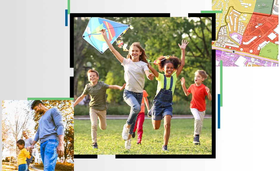 Four children running around in a park, playing with a kite with images of a parent and child and a multicolor digital map 