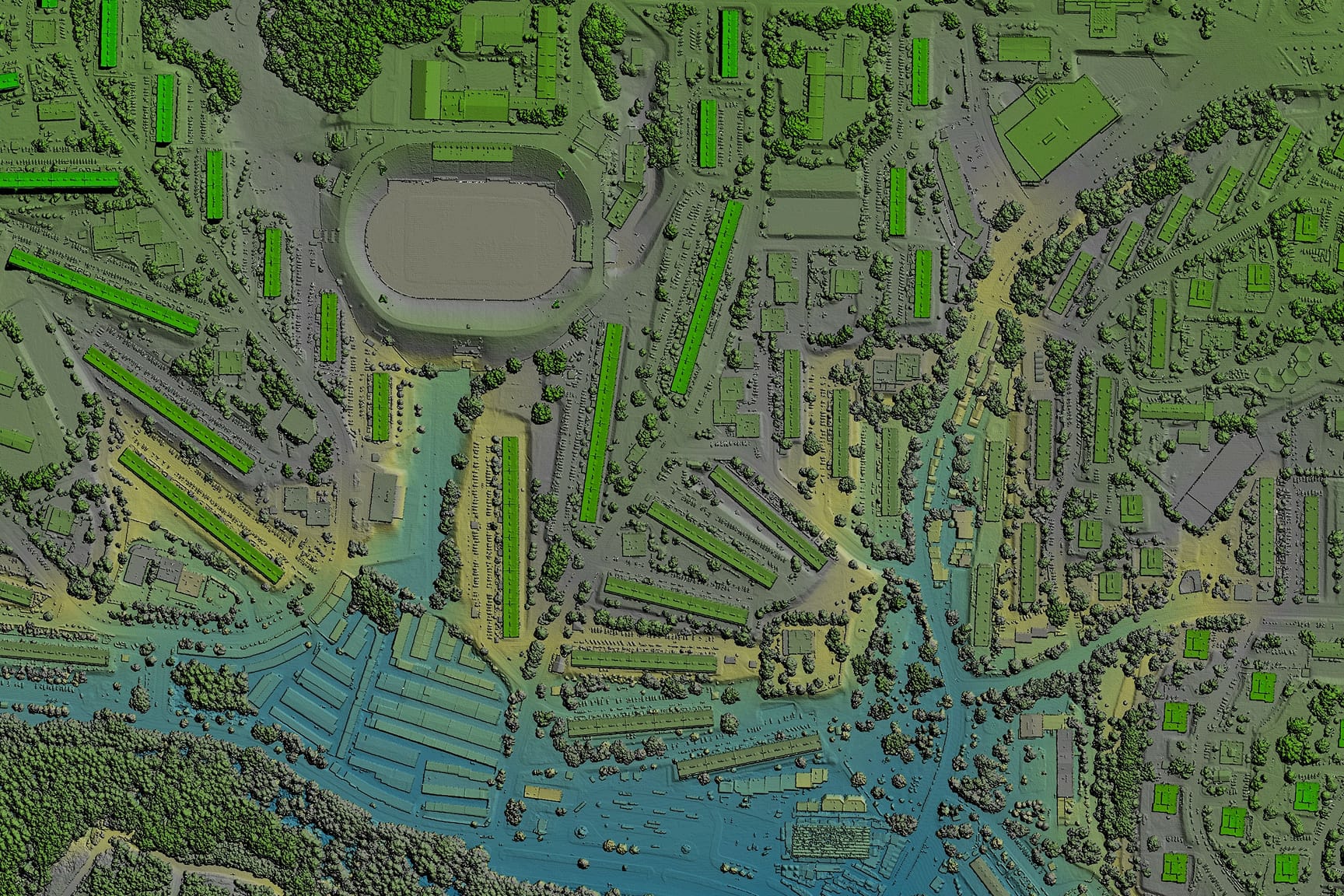 Digital elevation model. GIS product made after proccesing aerial pictures taken from a drone. It shows city urban area with roads and suburbs