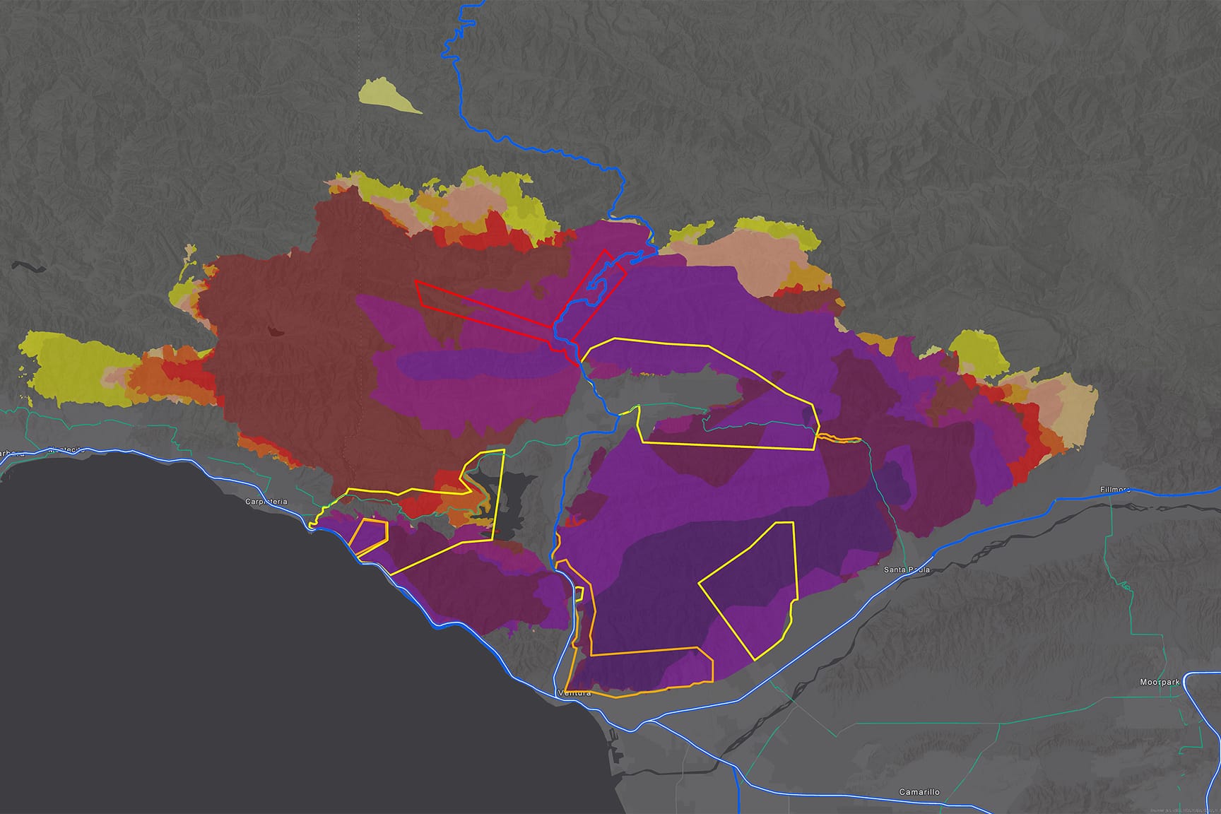 A map with different colors outlining evacuation zones in a county