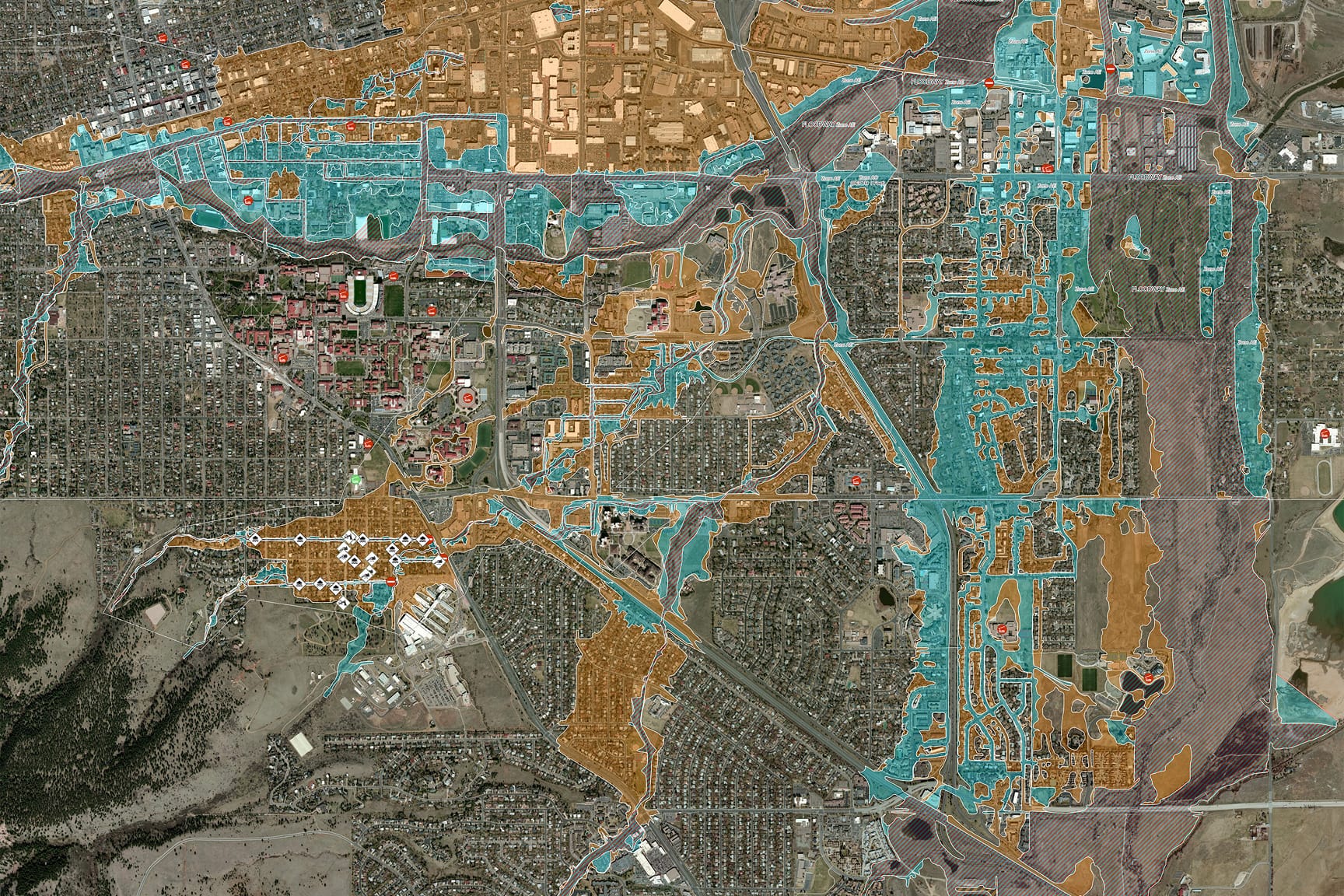 A map with various colors outlining the impacts of floods in city zoning