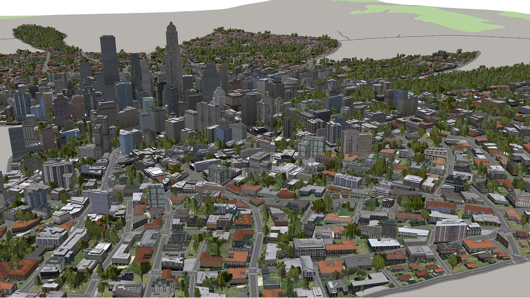 A detailed aerial rendering of a city featuring a mix of residential and commercial buildings. 