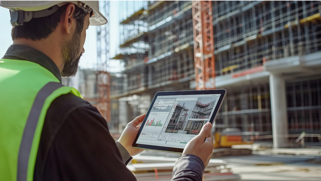 Construction worker using a tablet to review building plans on-site