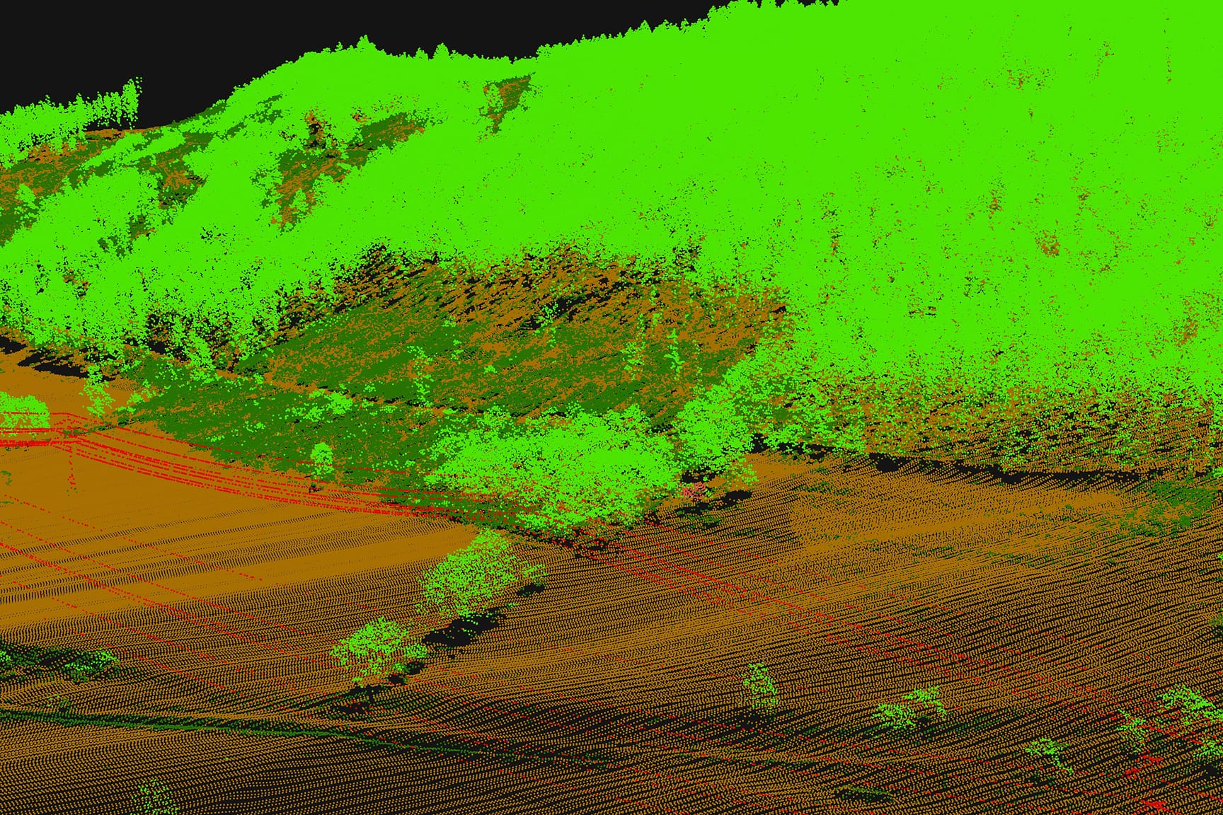 A digitally rendered image showcasing terrain elevation data with vibrant green and brown hues.