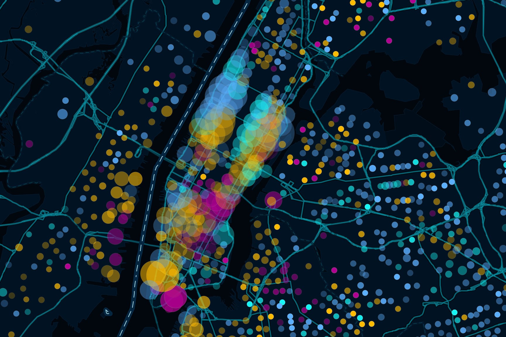 Abstract data visualization shows a dark map overlaid with colorful glowing dots. 