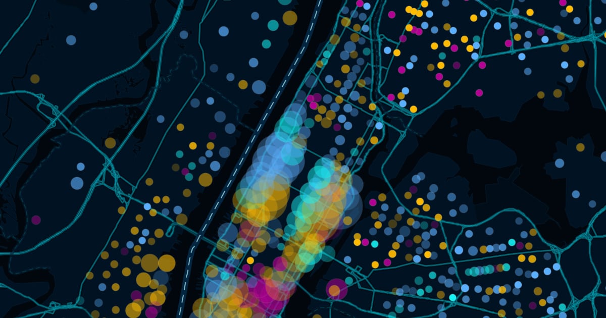 Abstract data visualization shows a dark map overlaid with colorful glowing dots.