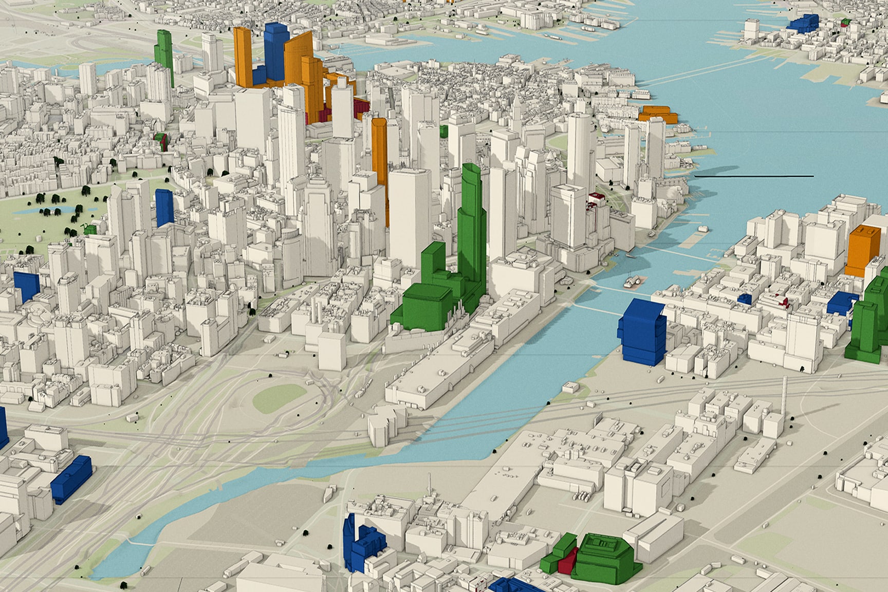 A detailed 3D city map features a dense urban landscape with various buildings, some of which are highlighted in green, blue, and orange. 