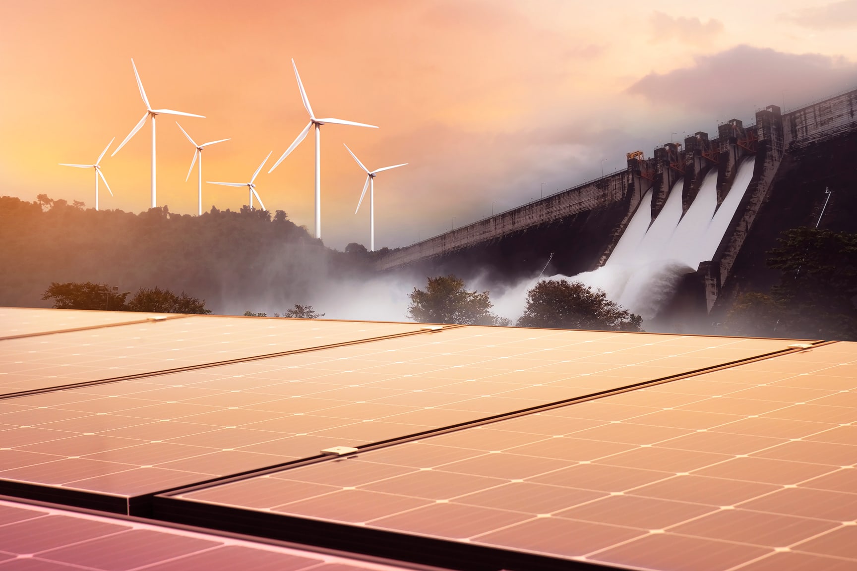 The image features solar panels in the foreground, wind turbines in the background, and a hydroelectric dam releasing water. 