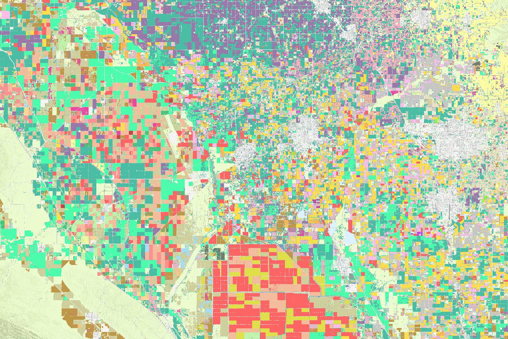A colorful map of land cover and crop types in agricultural fields in Southern California’s Coachella and Imperial Valleys. It shows different crop types, irrigation patterns, and nearby deserts and cities.