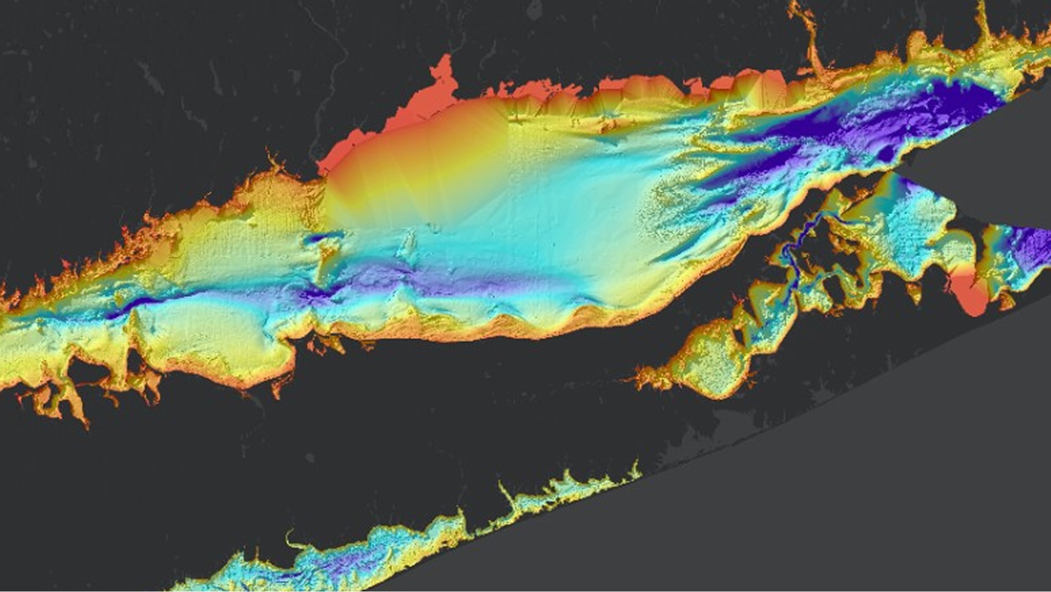 Colorized bathymetric map displaying underwater terrain, depth variation, and coastal features