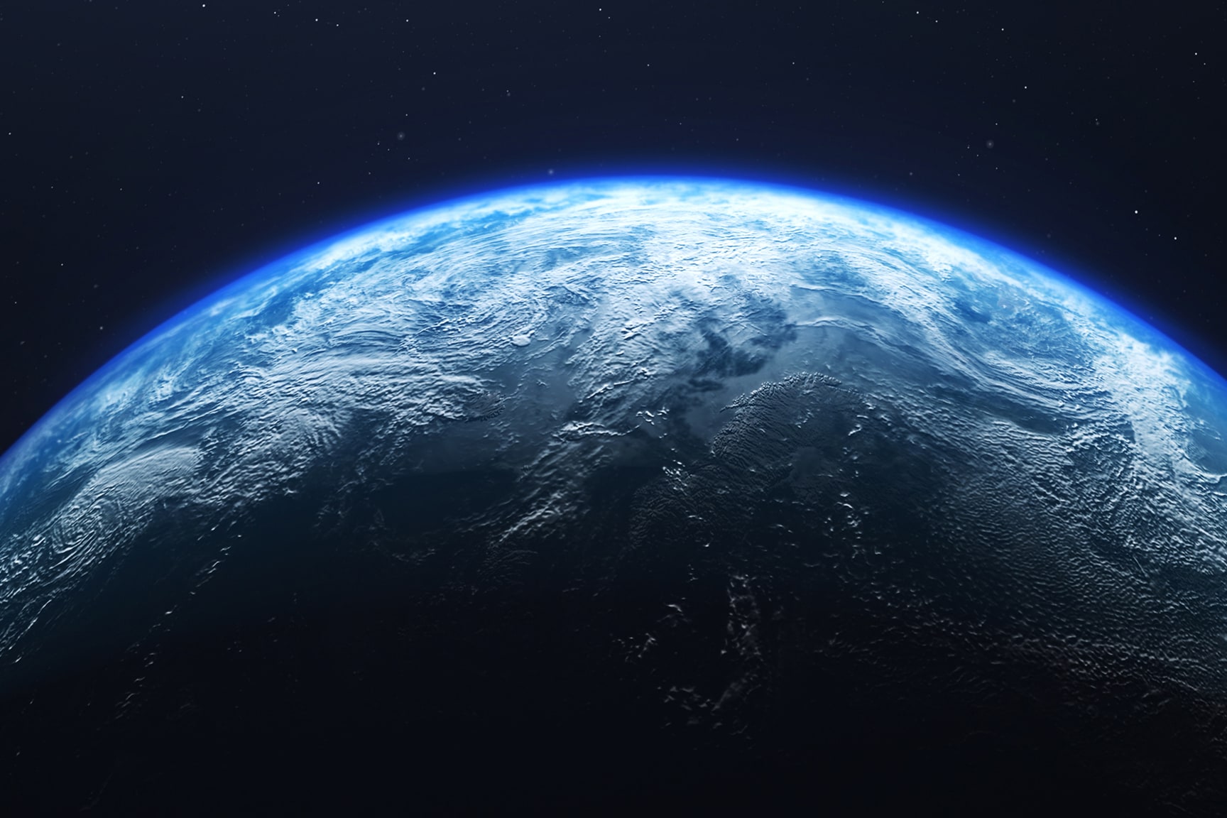 View of Earth from space showing the planet's curved horizon, oceans, clouds, and atmosphere