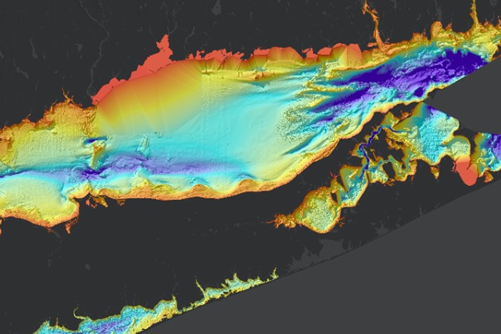 Colorized bathymetric map displaying underwater terrain, depth variation, and coastal features