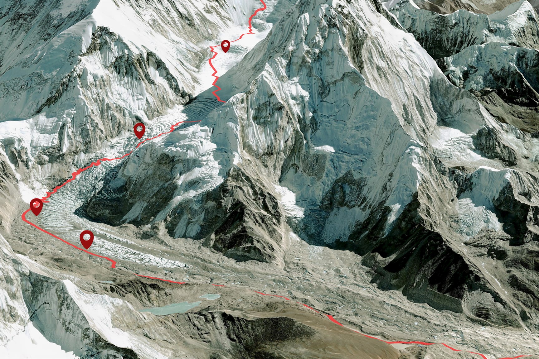 A high-altitude mountain landscape is shown from above, overlaid with a red route line winding through steep, snow-covered peaks and rocky valleys