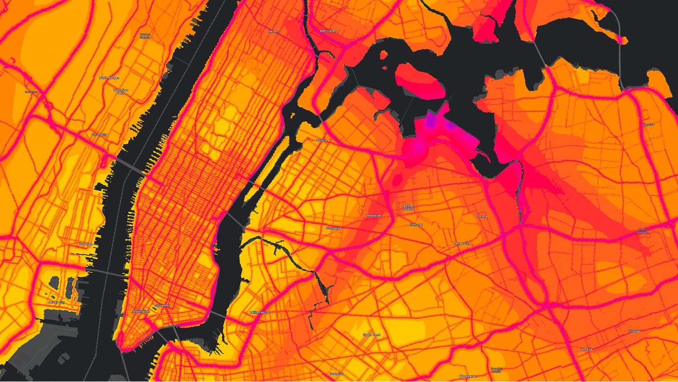 A map with major roads and highways showing transportation noise levels.
