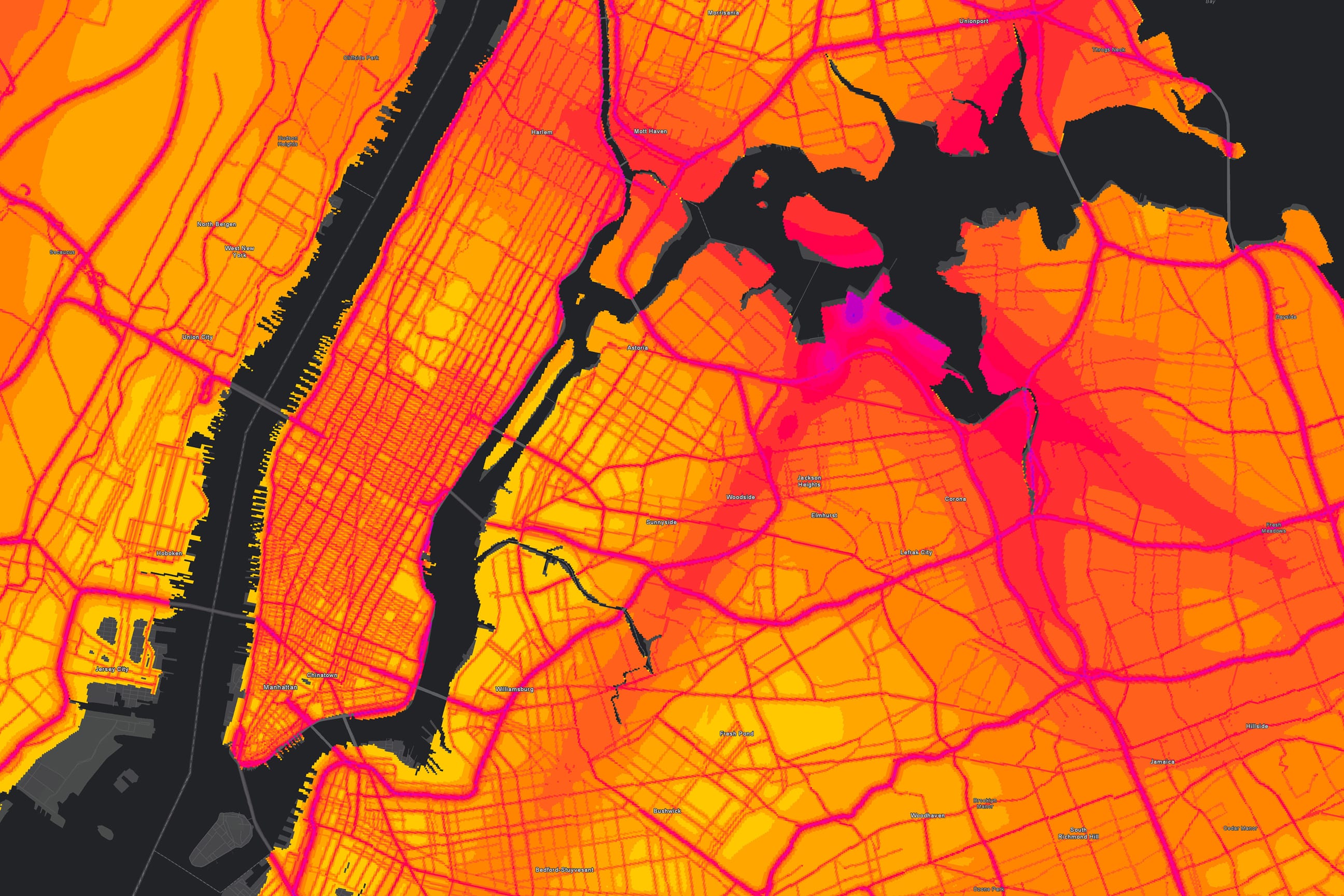 A map with major roads and highways showing transportation noise levels.