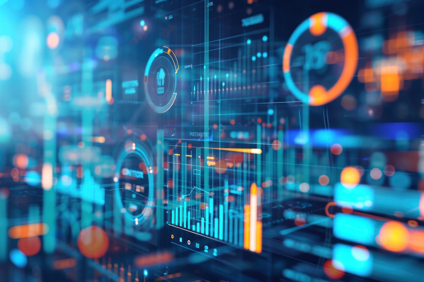 The image has a blue and orange color palette with a glowing effect and shows an abstract, futuristic visualization of data with charts, graphs, and digital elements. 