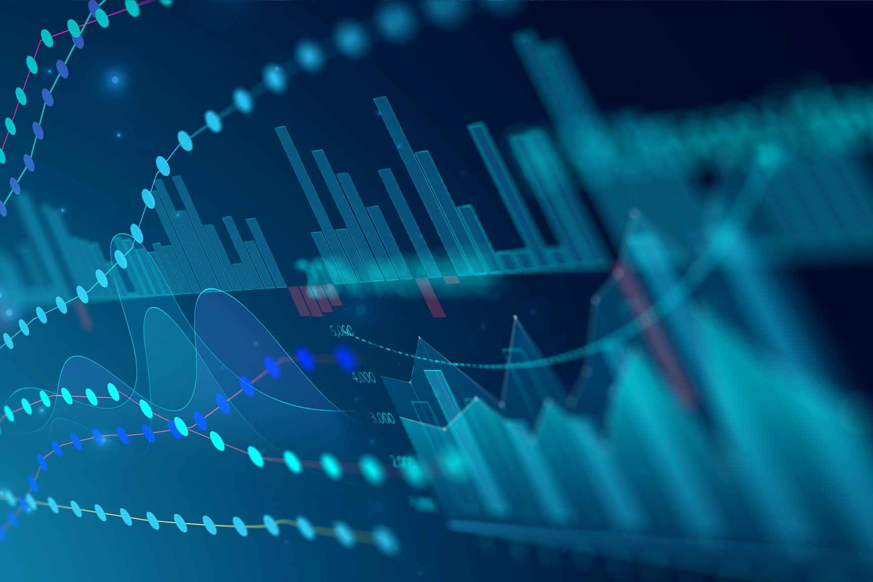 A blue background image with charts and analysis on it evoking ArcGIS Monitor and enterprise GIS observability.