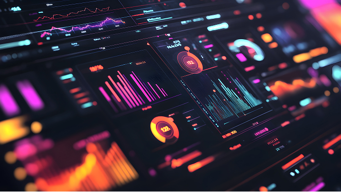 A vibrant digital dashboard displays multiple data analytics charts and graphs in a neon color palette. 