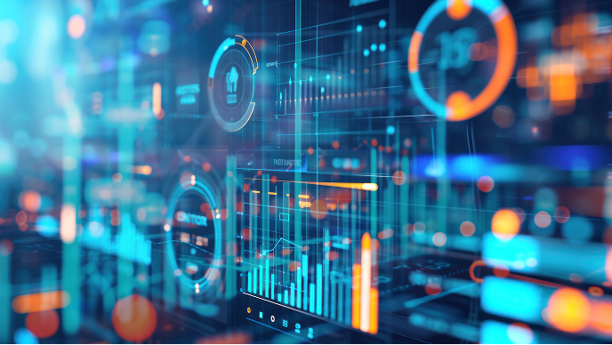 A vibrant digital interface displays various data charts, graphs, and circular infographics.