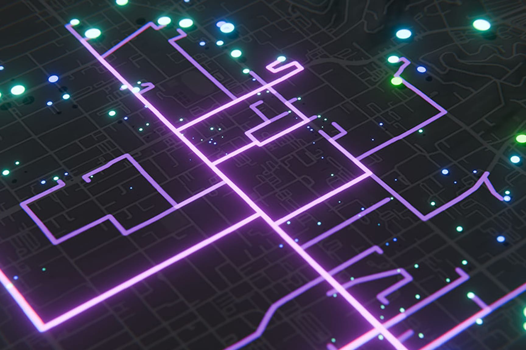 Abstract map with a dark background and bright lines on a top layer with points marked.