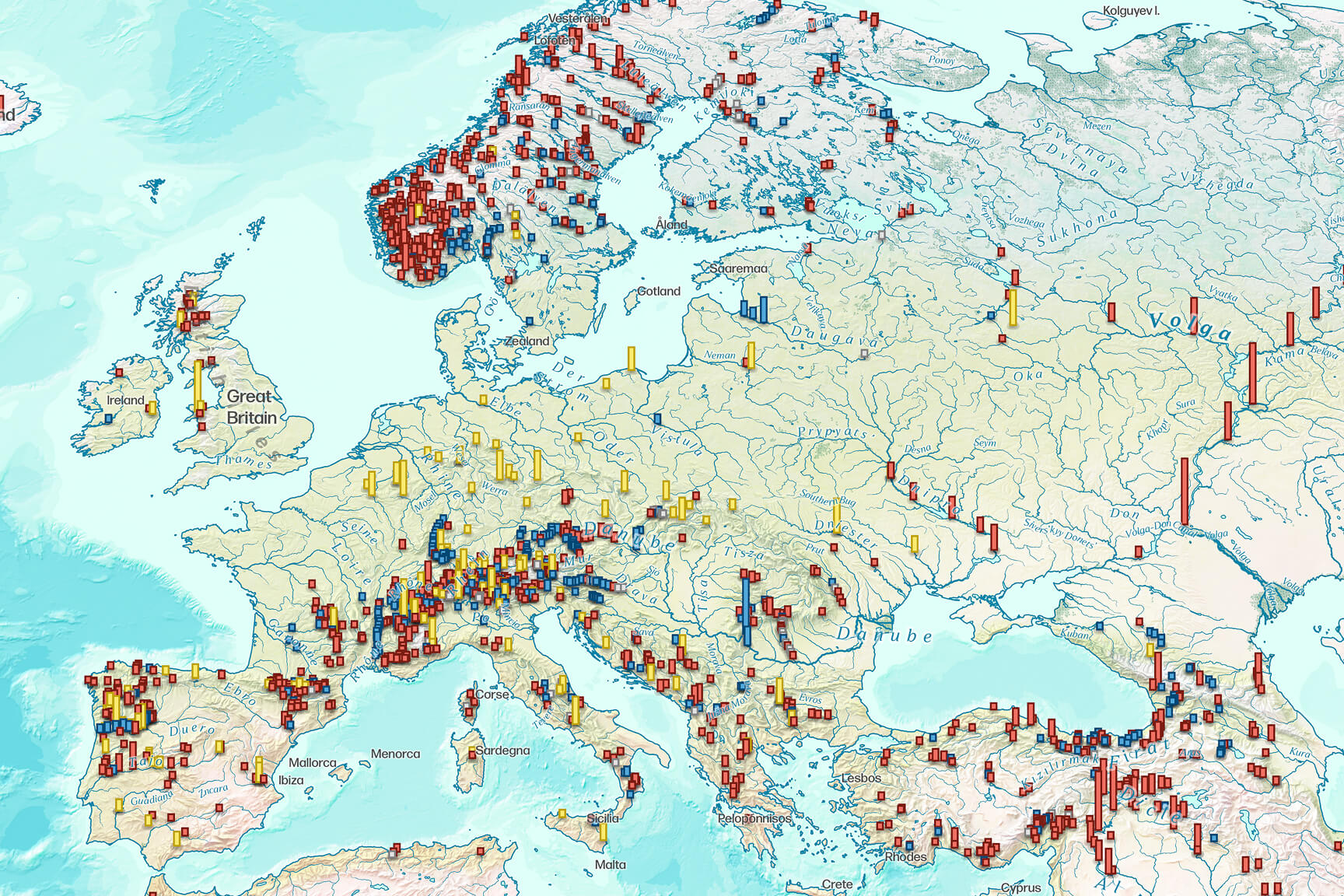 A map of Europe with prominent rivers symbolized as blue lines. Varying sized bars of red, yellow, and blue, represent distributed values across the map