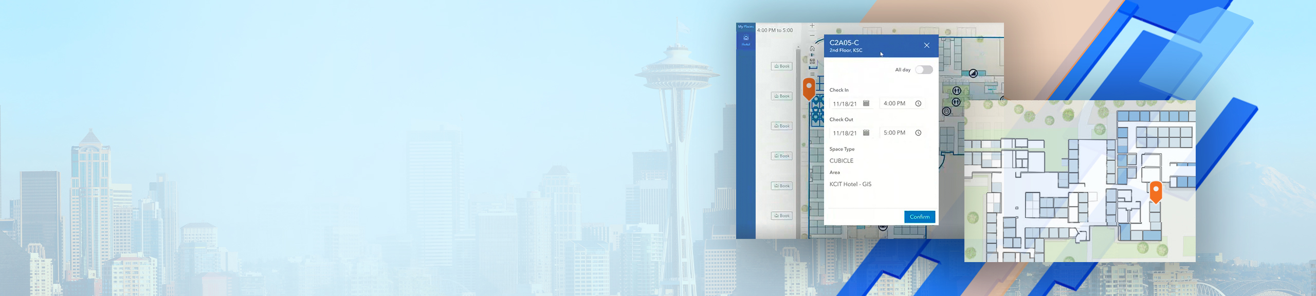 The Seattle skyline overlaid with graphic elements and three displays of indoor GIS software interfaces.