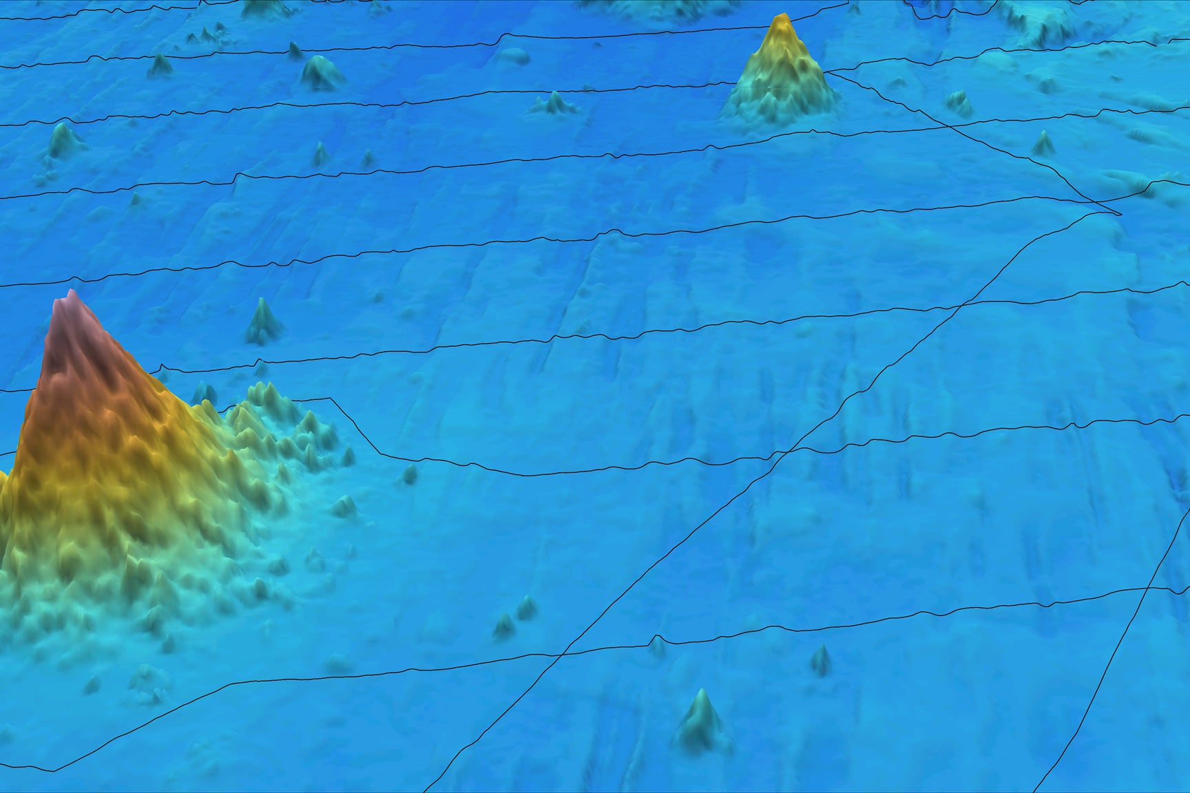 3D bathymetric map showing seafloor terrain and under water