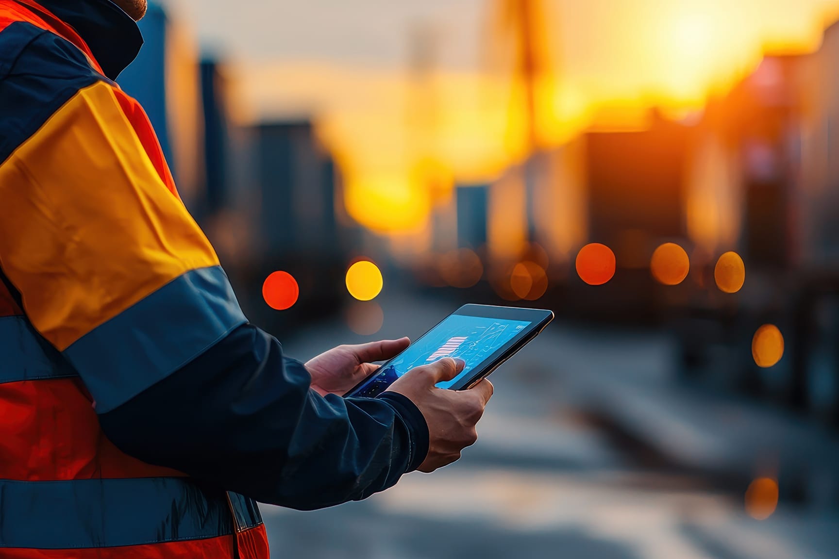 A person dressed in a safety jacket looks at a tablet device held in both hands, against a blurred urban sunset background.