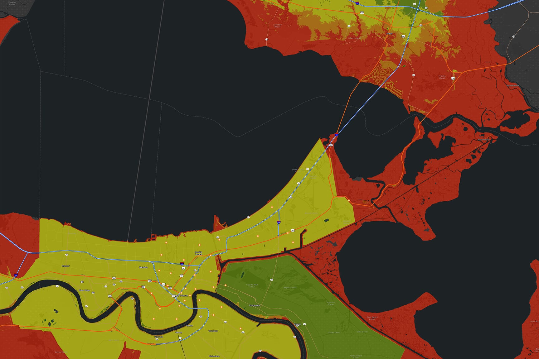 Map outlining flood and previous natural disaster impacts.