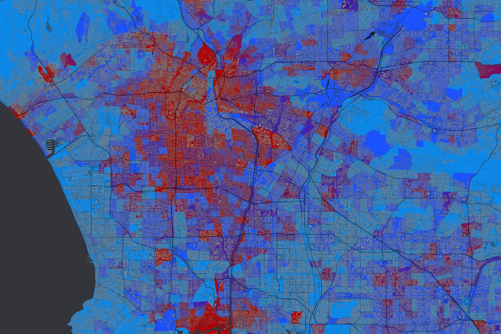 A detailed map showcasing a metropolitan area with color-coded regions in shades of blue and red.