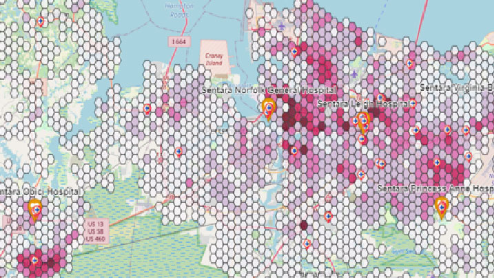 A hexagon map displaying different concentrations of data in shades of pink