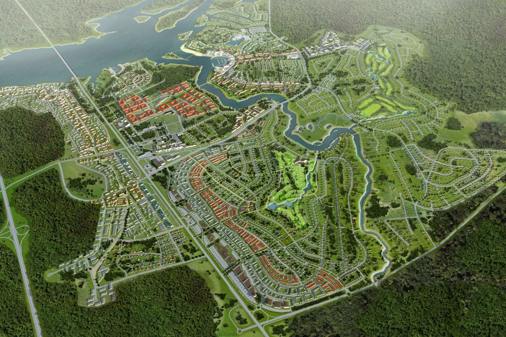 A detailed aerial rendering of a planned urban development featuring residential areas, green spaces, and waterways. 