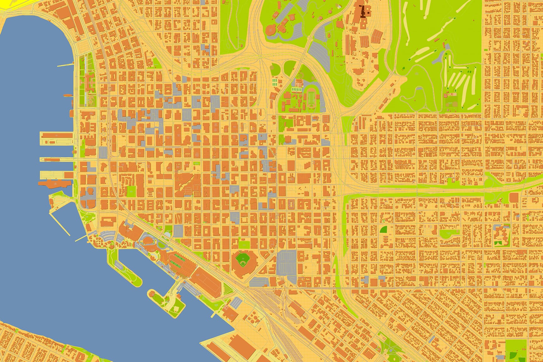 A detailed and vibrant map of an urban area featuring a waterfront with docks and piers.