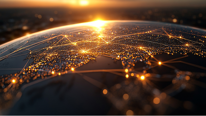 A rounded horizon image with light reflections from the sun illuminating different points on a map.