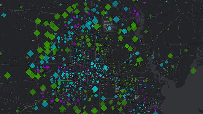 Basemap image with various sized blue, magenta, and green diamond shapes being used as points on a map.