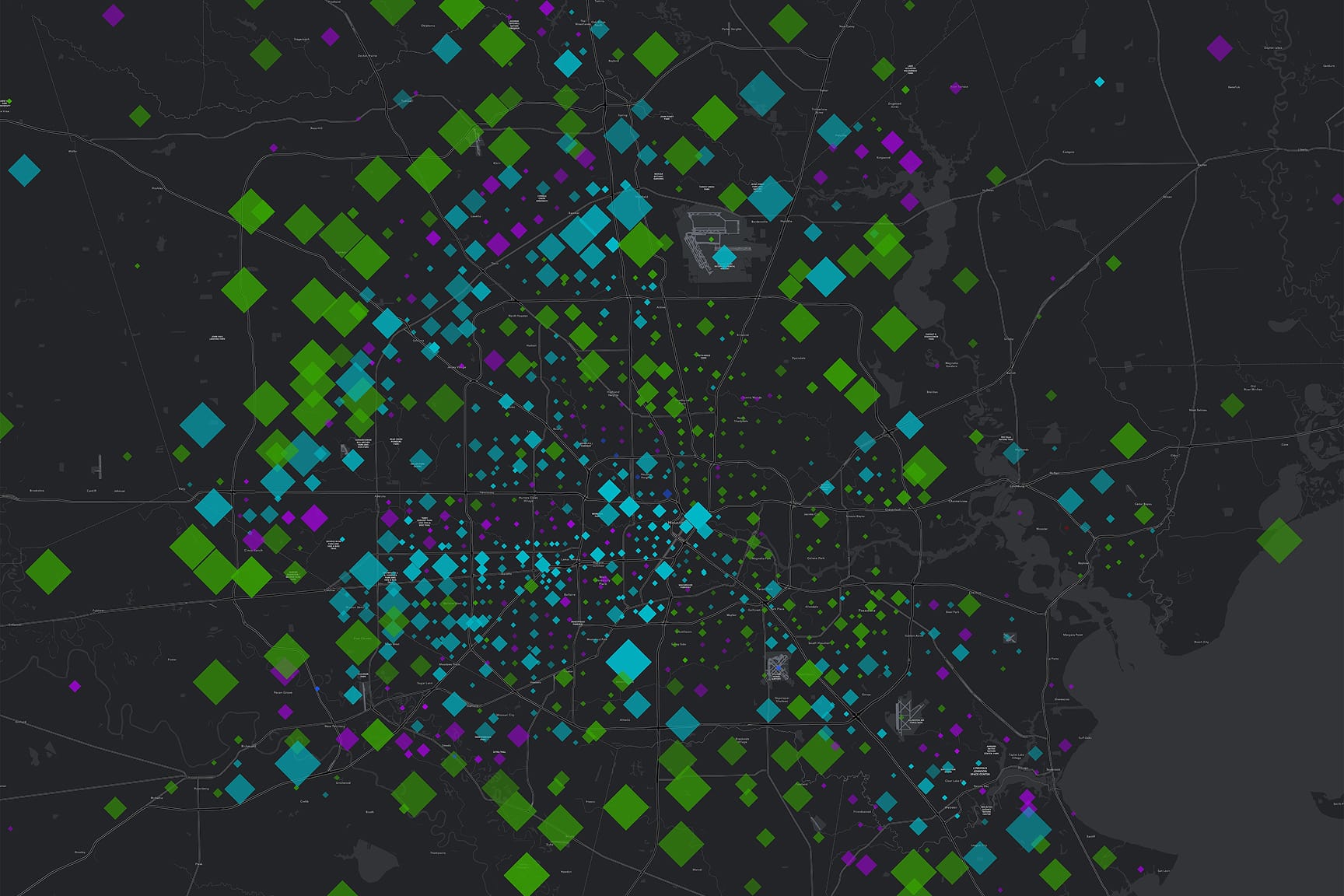 A visually striking map featuring color-coded diamond-shaped markers in green, blue, and purple. 