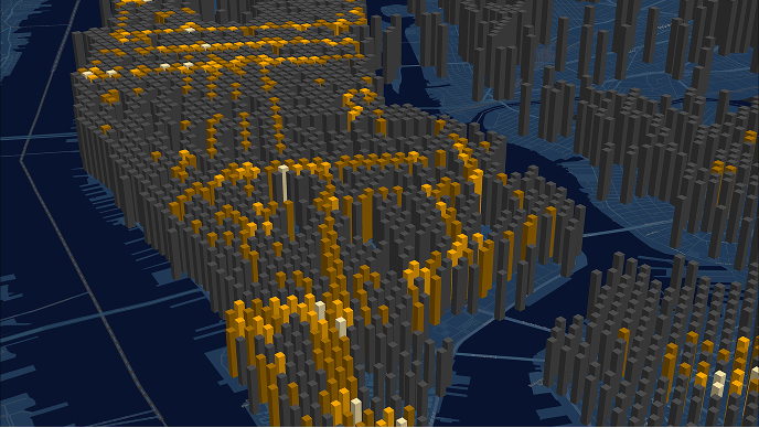 A map of Brooklyn, lower and Midtown Manhattan with yellow, gold, cream, and gray shaded 3D graph lines standing at the same height.