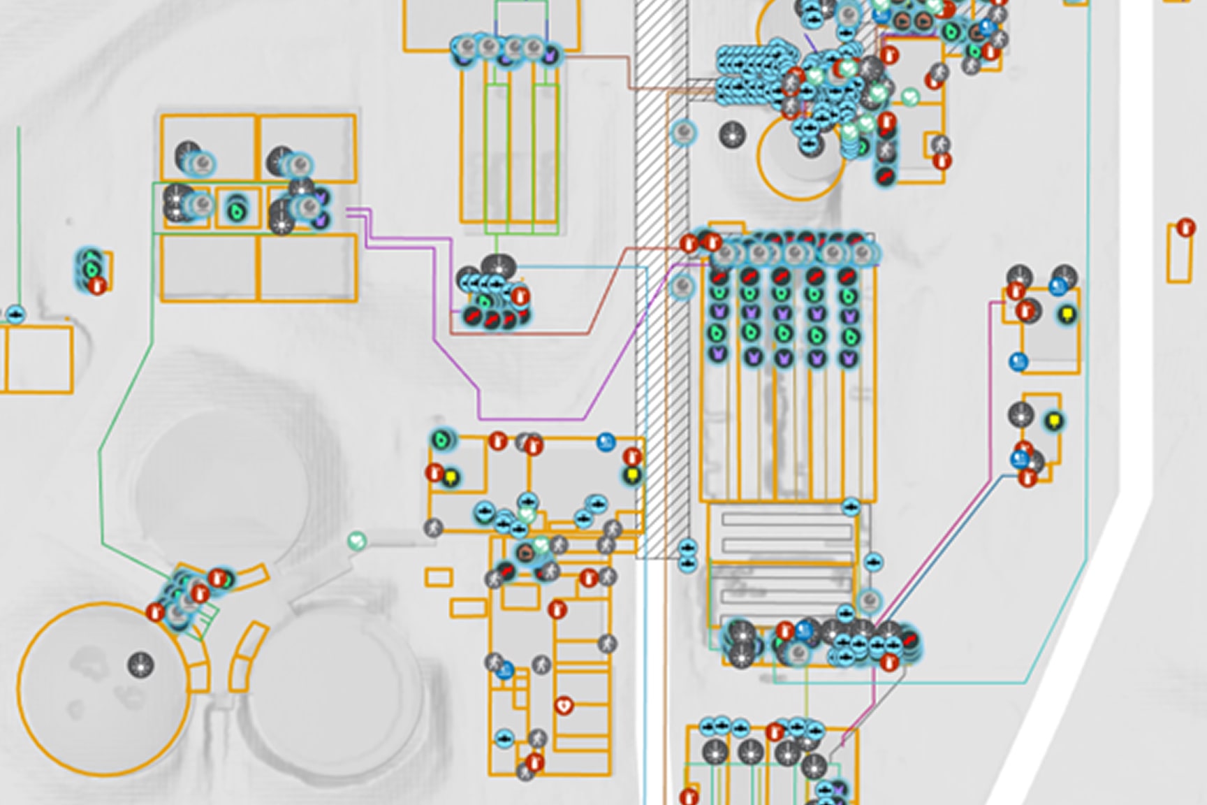 The image shows an abstract top-down diagram of an industrial or mechanical layout