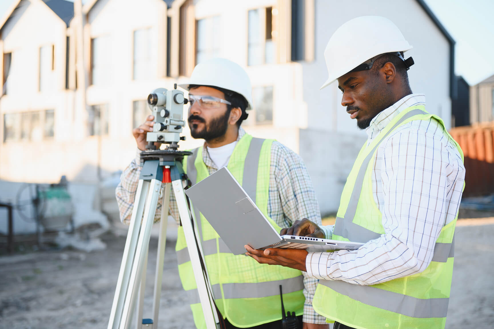 A 3D geotechnical scene, two surveyors working with a total station and laptop at construction-site, and a video play button