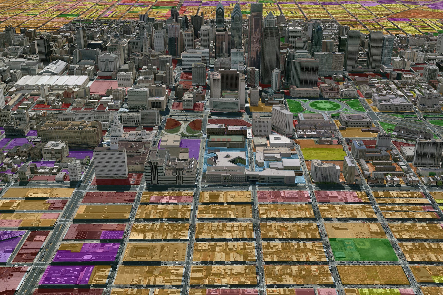 A detailed 3D aerial view of a dense downtown cityscape is shown from an elevated perspective. 