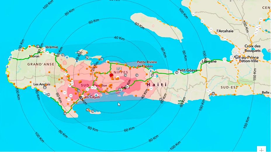 The image shows a detailed map of southern Haiti with colored zones indicating seismic impact or intensity